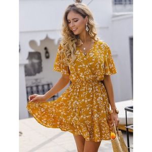 Floral Print Surplice v neck boho mini Dress yellow
